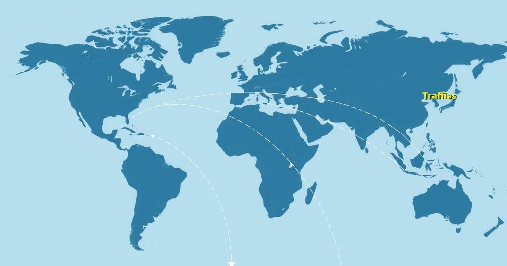 Graphic representation of trade negotiations and tariffs impacting global economy.