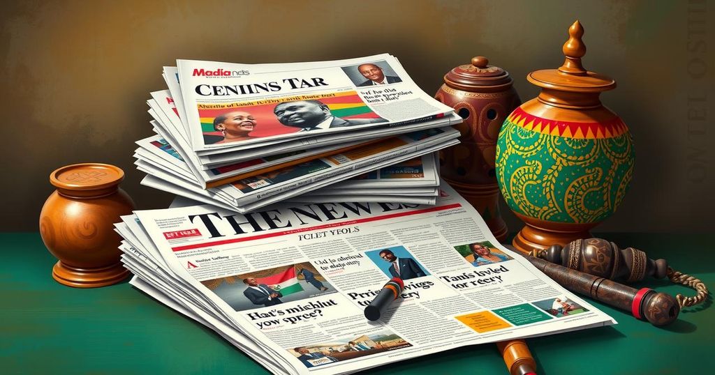 A bold representation of political commentary with a newspaper and symbolic items of Ghanaian heritage.