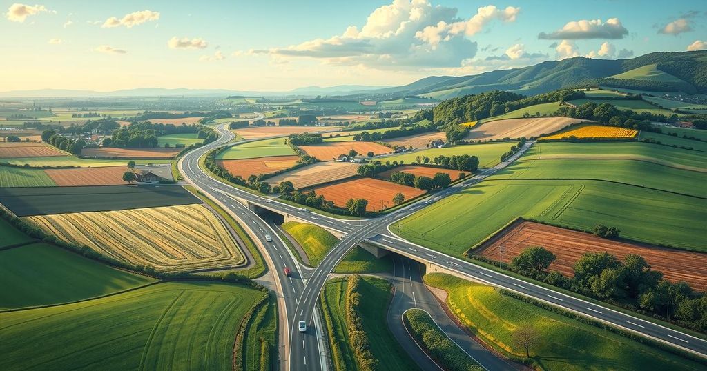 Campaign focused on community, integrity, and progress with road and nature elements in vivid green and blue tones.