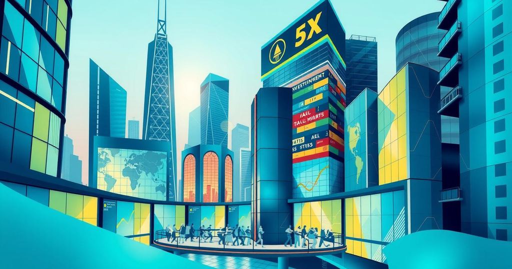 Illustration of Jordan showcasing investment opportunities at a global forum, with buildings and trade symbols in a vibrant color scheme.