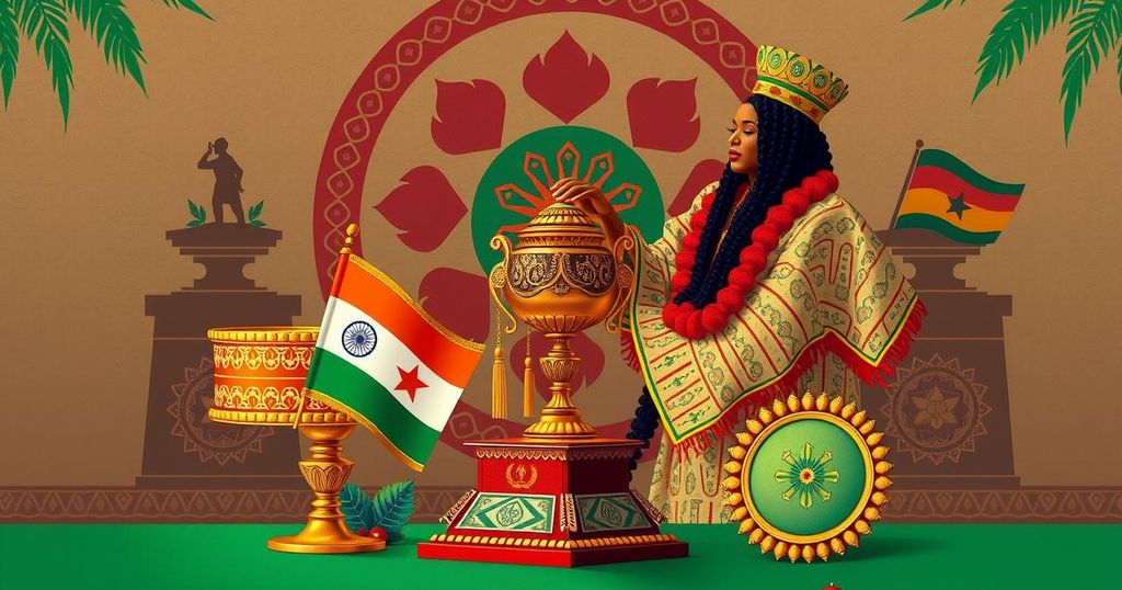 A ceremonial award presentation scene with decorative elements symbolizing honor and friendship between India and Ghana.