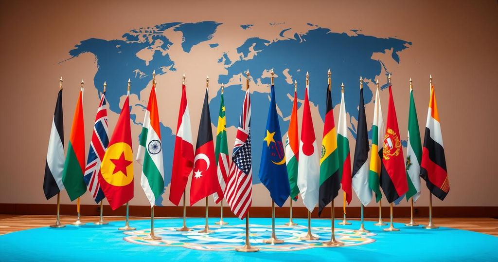 High-stakes BRICS Summit highlights global power dynamics with flags, globes, and stark contrasts of light and shadow.