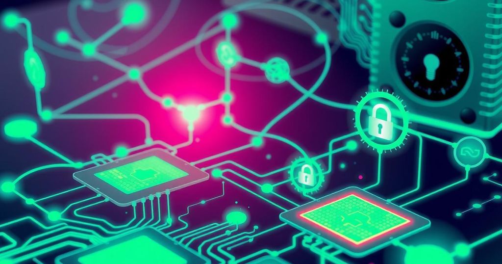 A digital illustration of a network of devices interconnected with bright fluorescent lines, showcasing cyber protection against threats.