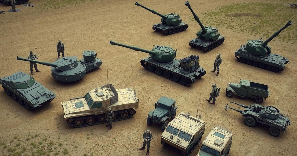 A detailed army artillery setup in a military base with various artillery pieces. Colors include muted greens and browns.