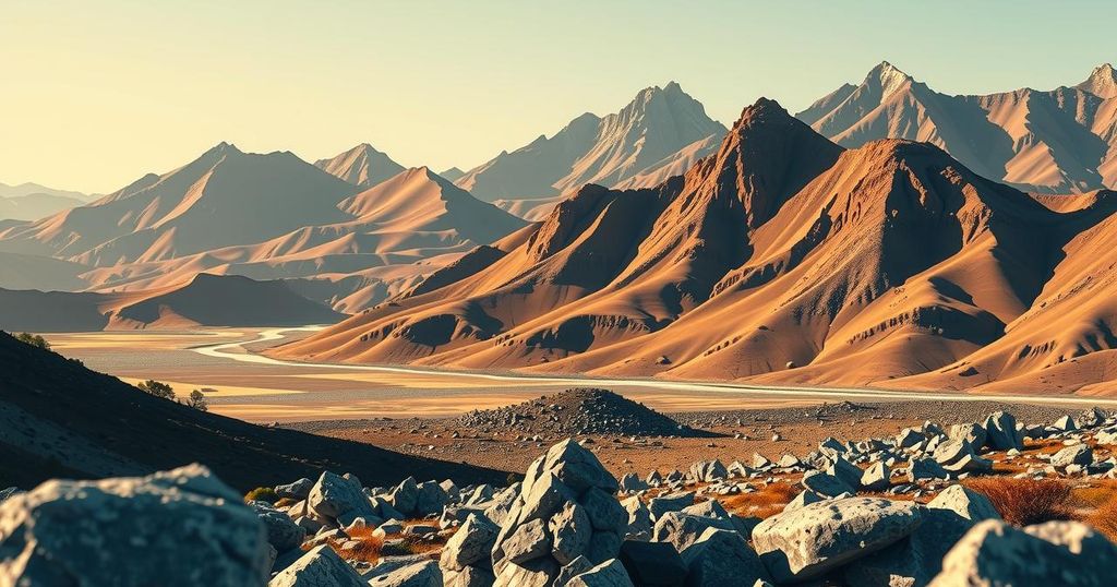 Abstract representation of exploration in Chile featuring mountains and minerals, with earthy tones and geometric lines.