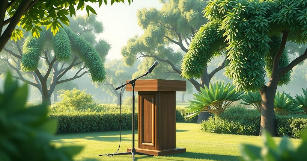 A serene press conference setting with a podium and a microphone, surrounded by greenery, conveying a sense of calm and transparency.