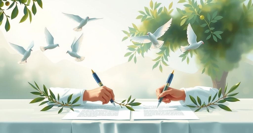 Peace agreement signing in Doha with symbolic doves and olive branches, serene colors reflecting unity and hope.