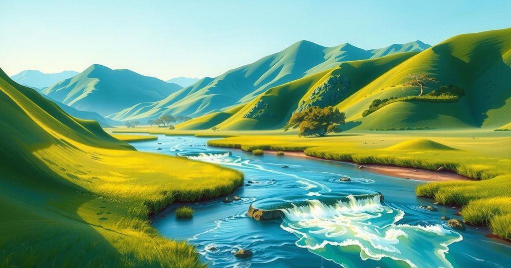 A peaceful South Sudan landscape featuring a river, green hills, and blue skies depicting hope and collaboration.