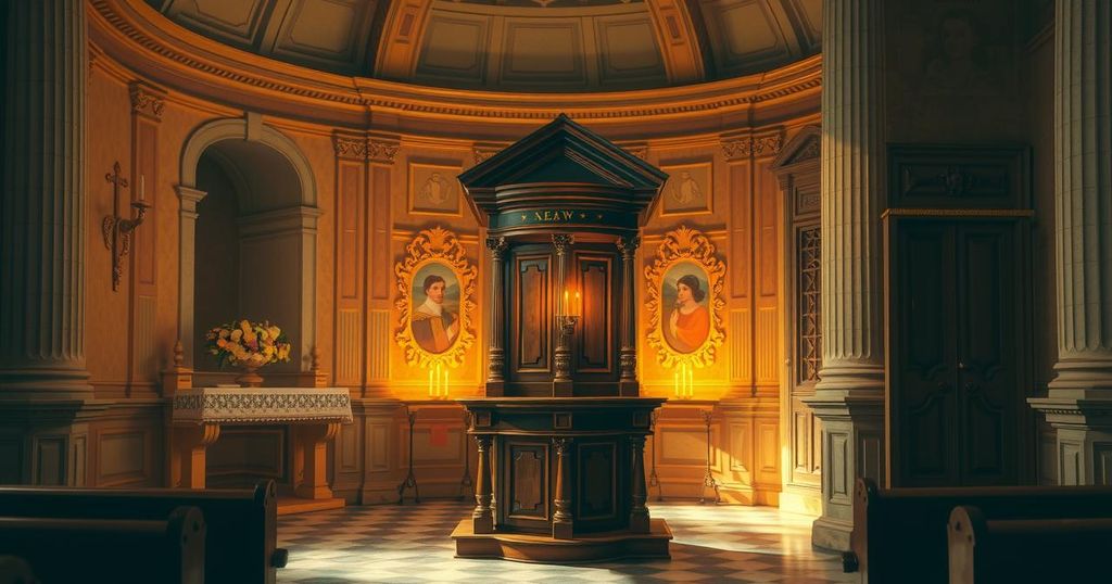 A serene sanctuary interior featuring soft candlelight and a confessional, reflecting peace and forgiveness.