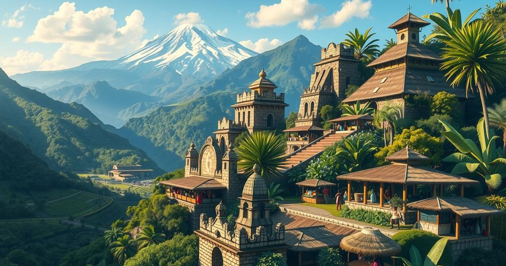 A vibrant landscape showcasing Ecuador's diverse natural wonders and cultural richness across mountains and jungles.