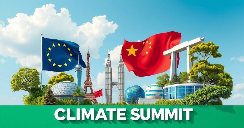EU and China climate summit with symbols of collaboration and sustainability in a dynamic style and green tones.