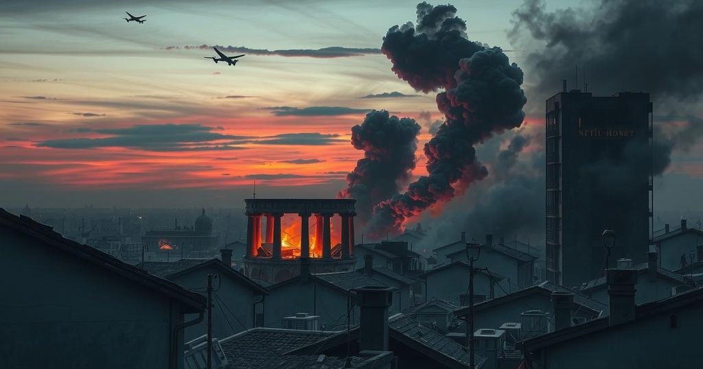 Destruction in a cityscape after airstrikes, featuring ruined buildings and smoke against a twilight sky.