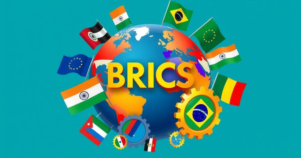 BRICS Summit representation with vibrant flags, a globe, and interconnected gears symbolizing collaboration.