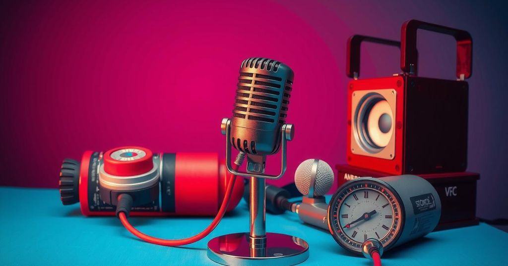 Illustration of a microphone and broadcasting equipment symbolizing a national address about tariffs.