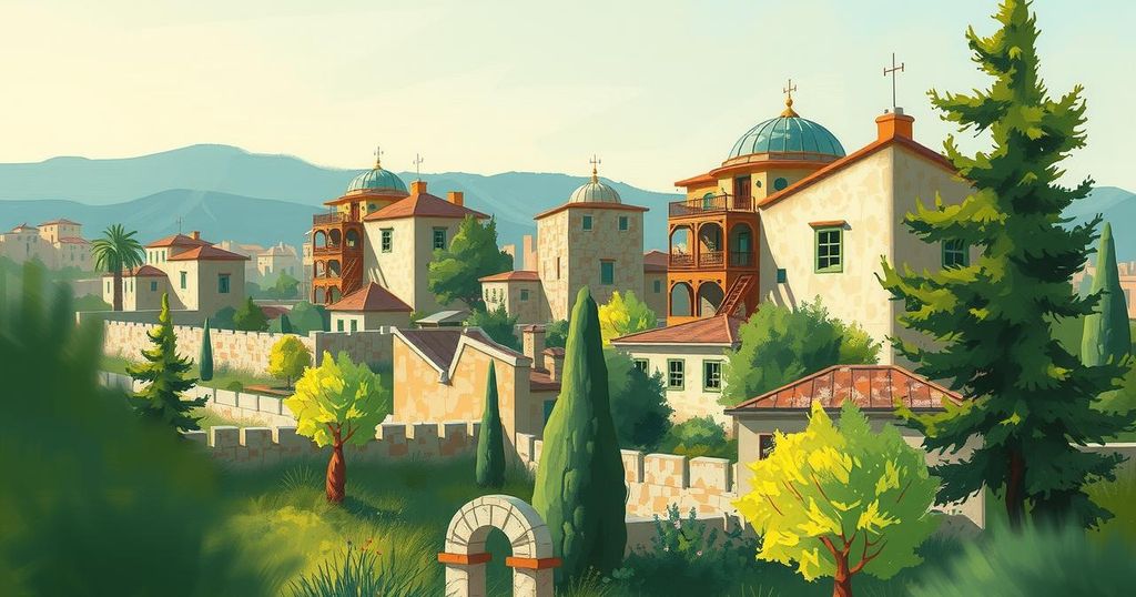 A serene landscape depicting a rebuilding Syria with nature and infrastructure development.