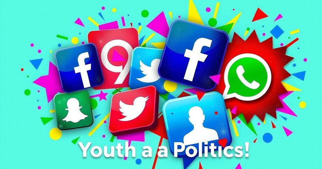 A vibrant digital landscape showing social media icons like Facebook and WhatsApp, symbolizing youth engagement in politics.