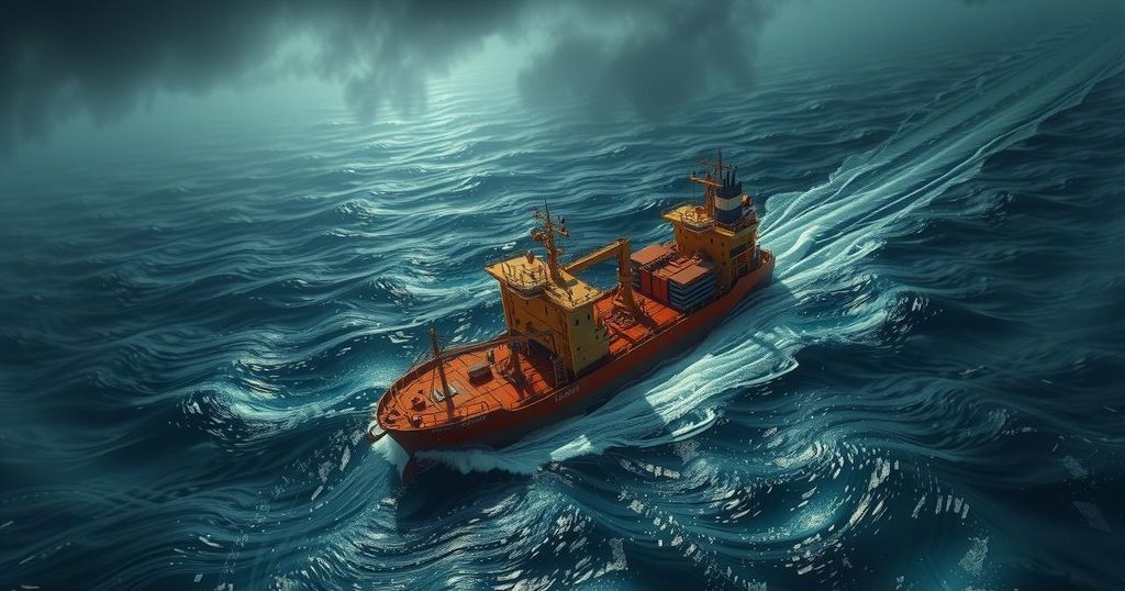 An oil tanker navigating through busy shipping lanes in the Middle East, against a backdrop of dark stormy clouds signaling conflict.