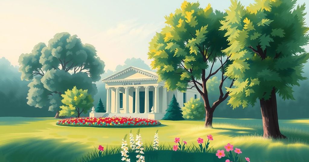 A serene landscape depicting a central bank building among lush greenery with soft pastel colors.