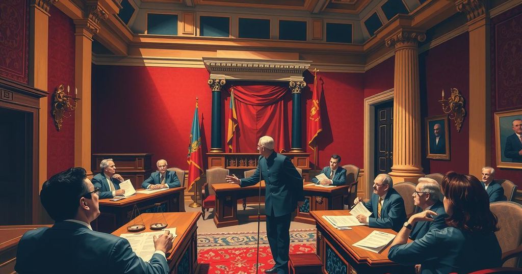 A scene depicting a political debate in a legislative chamber, showcasing diverse elements symbolizing governance and policy.