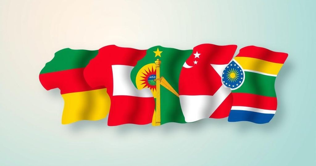BRICS summit imagery with flags of Brazil, Russia, India, China, and South Africa in a dynamic composition.