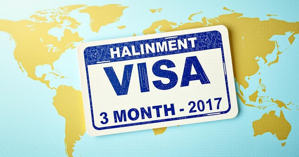 A stylized depiction of a visa stamp with reduced duration, featuring an abstract flag design and a three-month icon.