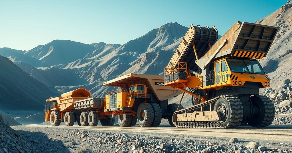A landscape depicting mountains and mining equipment, symbolizing safety and innovation in mining practices.