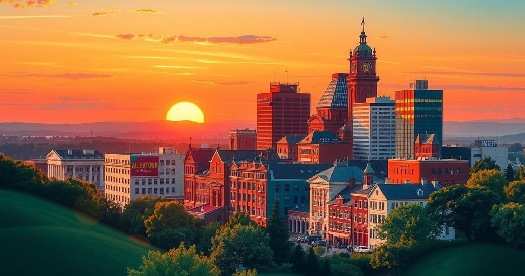 Allentown cityscape during sunset with vibrant colors, showcasing civic engagement and political spirit.