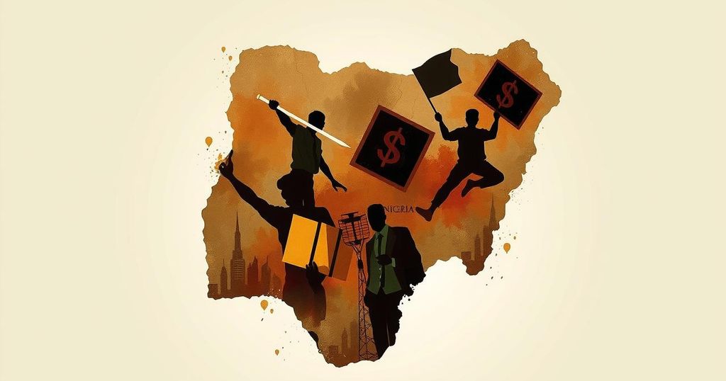 Silhouette of Nigeria's map with abstract representations of economic struggles and protests, using muted earth tones.