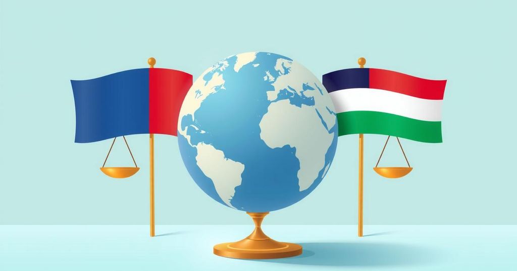 A symbolic representation of diplomatic relations between two countries, featuring a globe and scales of justice.
