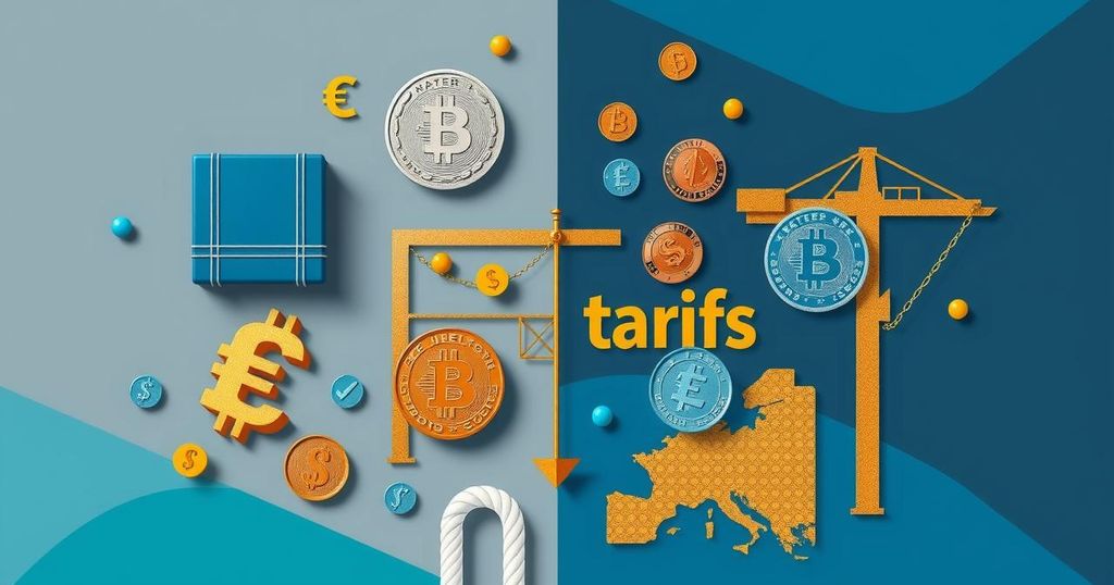A symbolic representation of trade tariffs with currency symbols and border imagery in a modern art style.