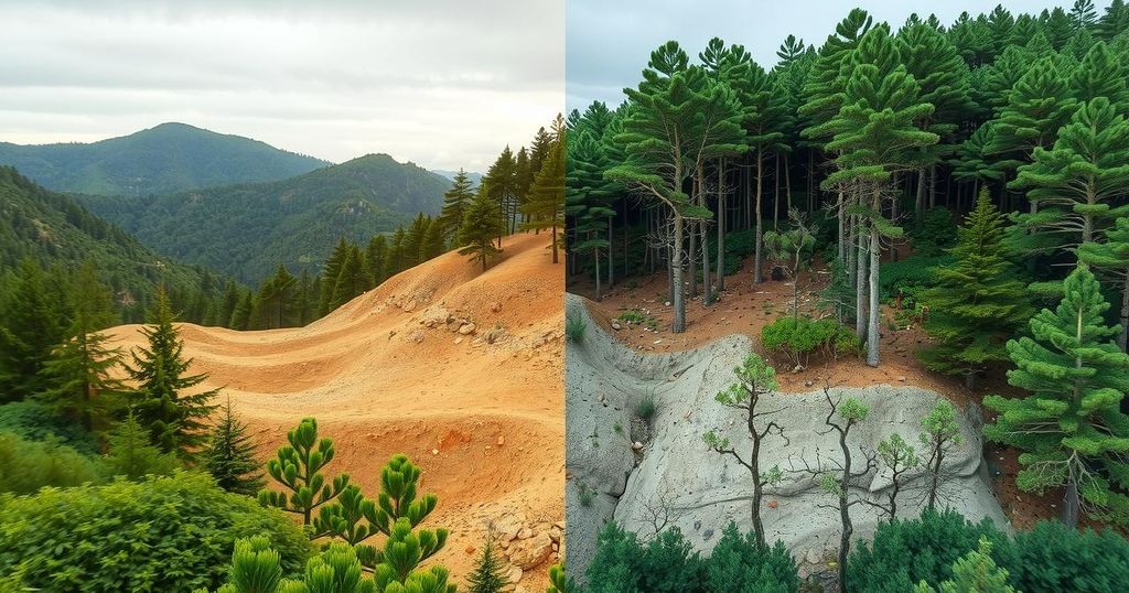 A lush forest landscape in Salta transitioning to a cleared area, showcasing deforestation in Argentina.