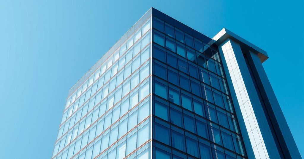 A corporate building facade with a modern design featuring glass and steel, against a bright blue sky.