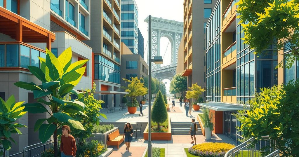A vibrant city scene showcasing modern buildings and nature, symbolizing inclusivity and urban transformation.