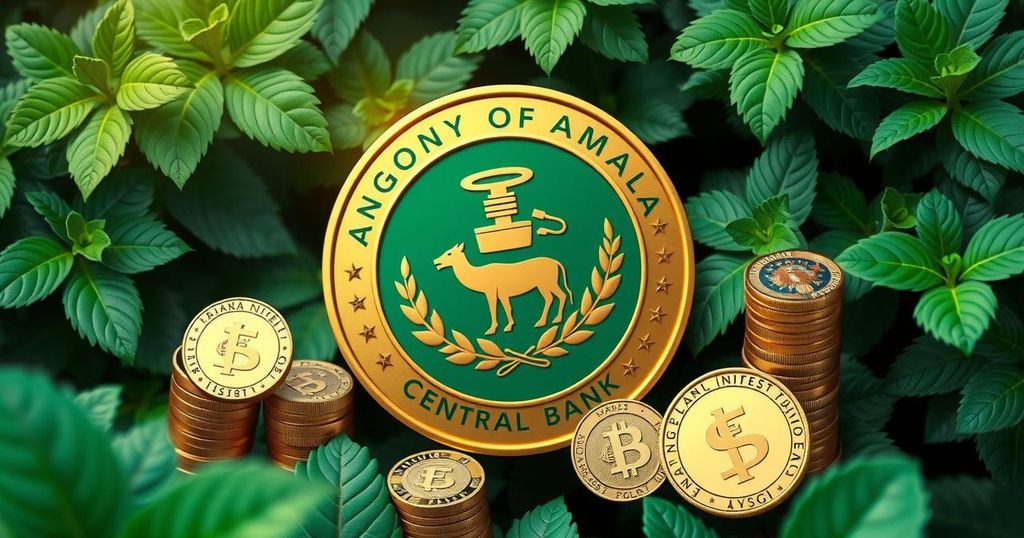 Angola's central bank emblem surrounded by economic symbols and lush greenery.