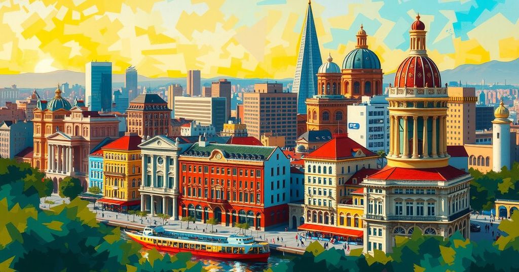 Vibrant city skyline with cultural elements representing Argentina, India and celebration in bright colors.