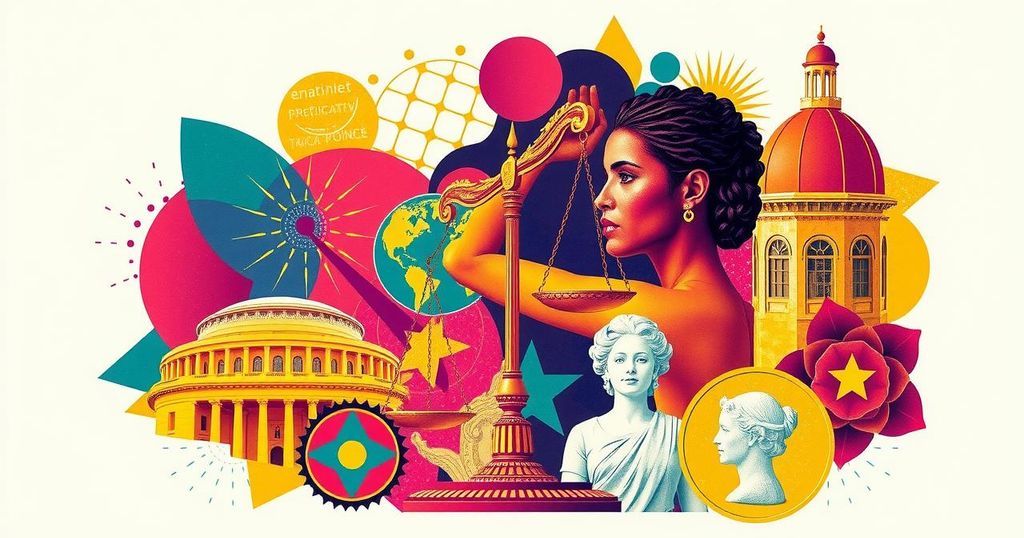 A vibrant collage symbolizing women's empowerment in politics, featuring diverse legislative symbols and colors.