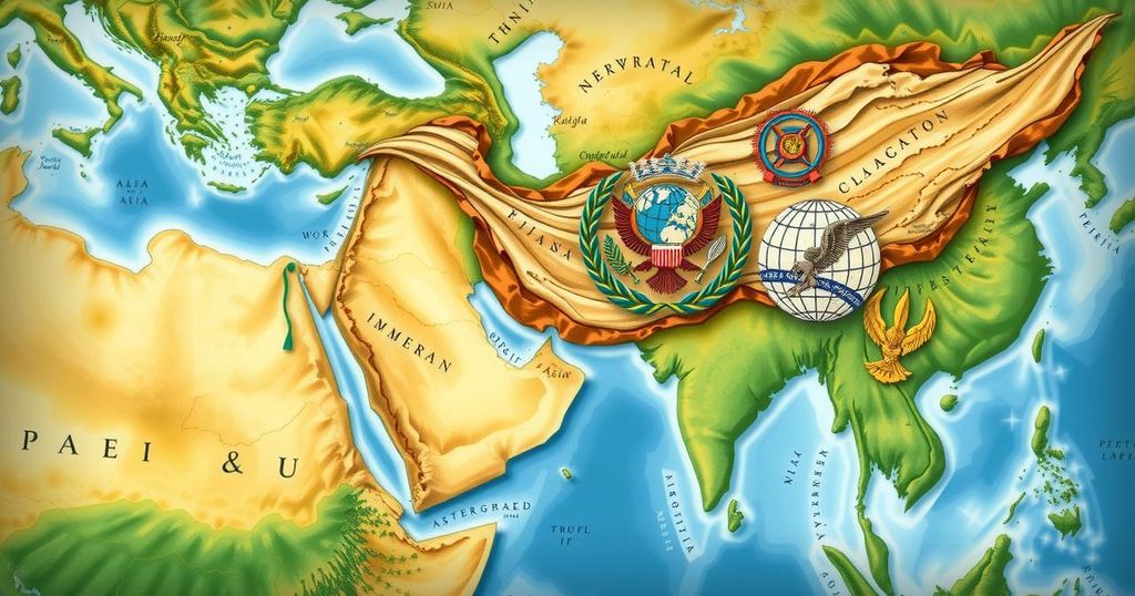 A map showing region highlights and diplomatic symbols emphasizing peace and cooperation in the Middle East and Asia.