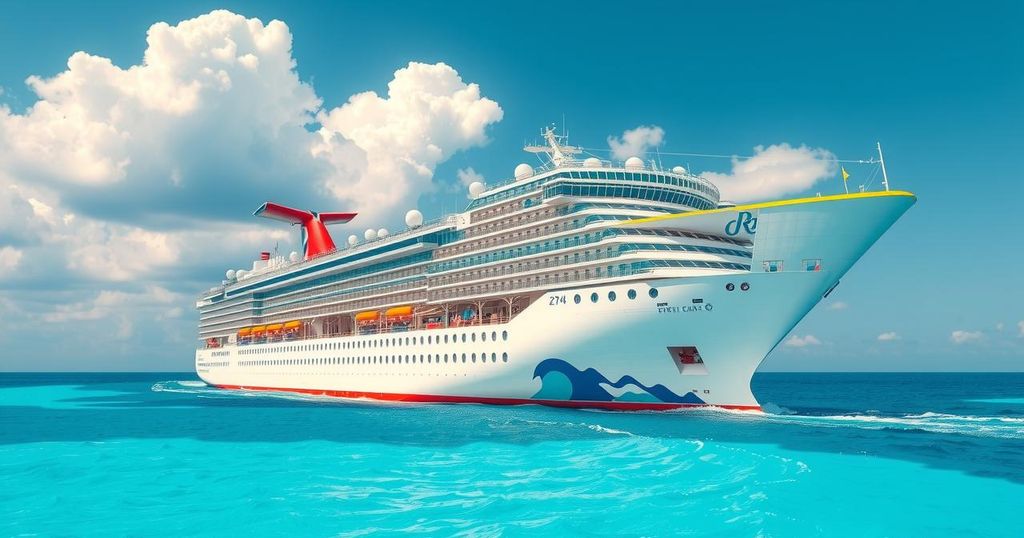 A cruise ship with a serene ocean background, featuring vibrant colors and a sunny atmosphere, embodying travel joy.