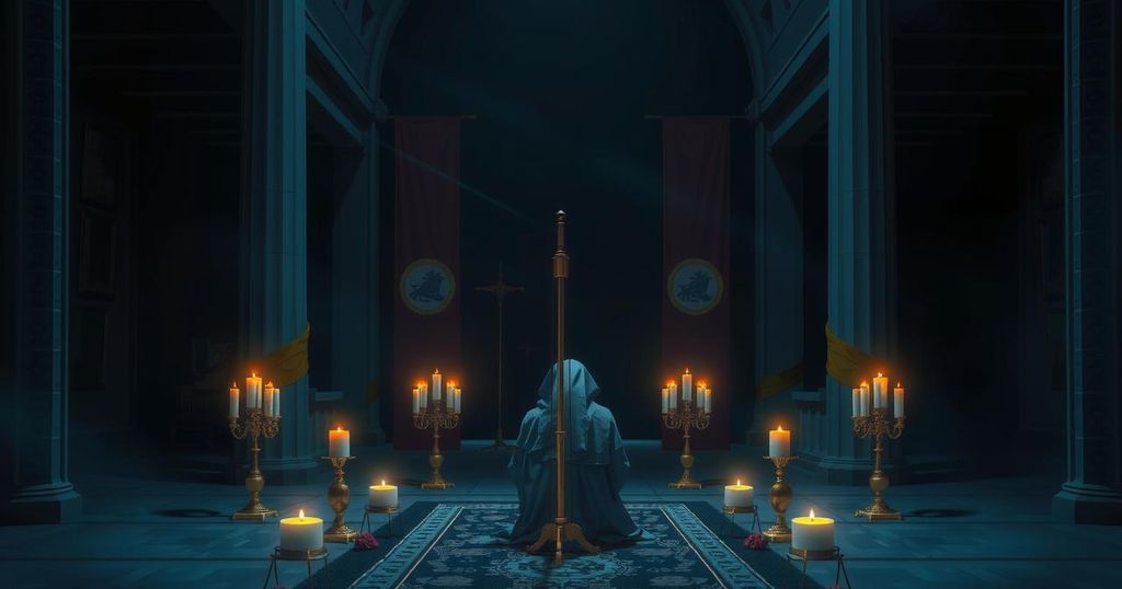 A solemn ceremony scene with ceremonial flags and candles, featuring dark colors and focused lighting in a reflective atmosphere.