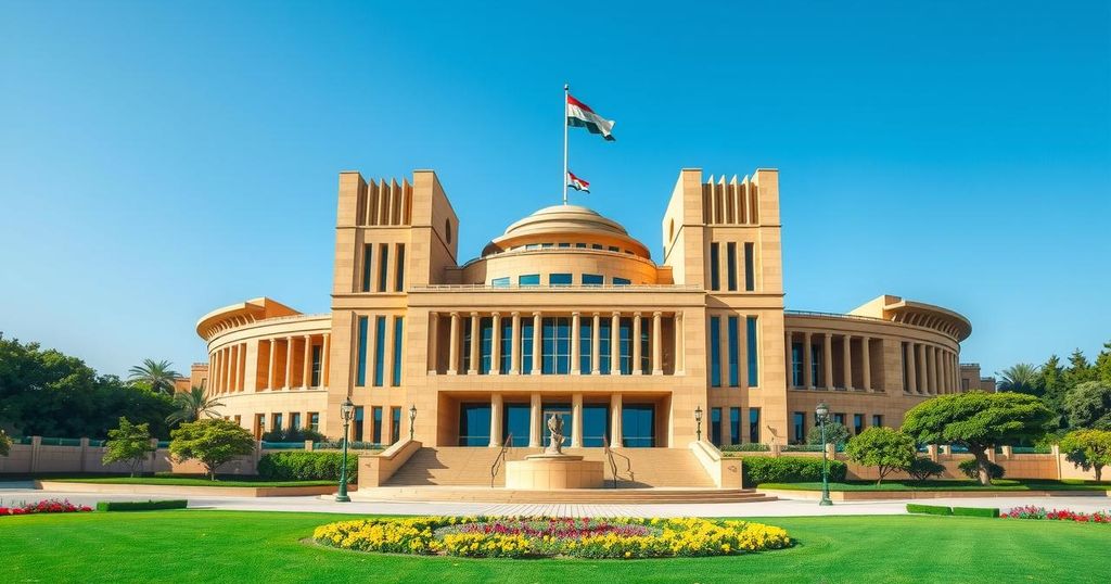 Iraqi Parliament building signifying resumption of legislative work with vibrant colors and a modern architectural style.