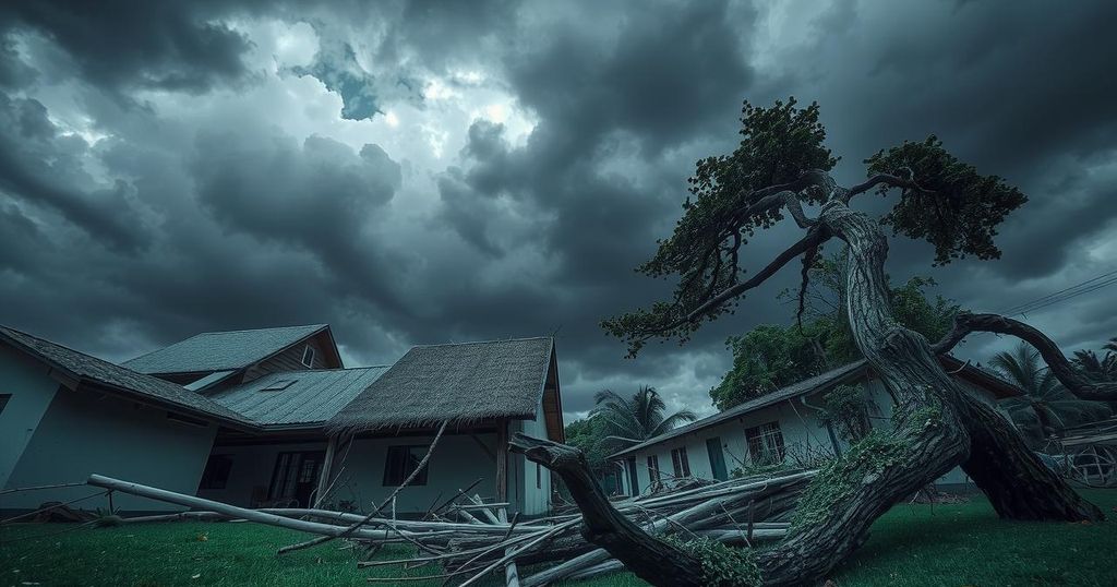 A vivid depiction of a cyclone’s impact on La Reunion island, featuring damaged roofs, uprooted trees, and stormy skies.