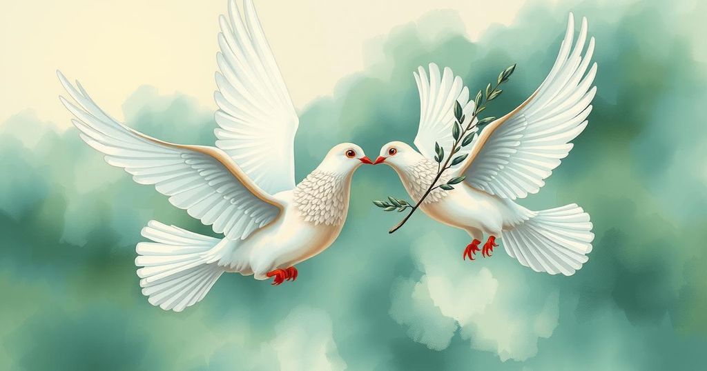 Symbolic representation of peace and cooperation between nations, featuring doves and olive branches in soft tones.