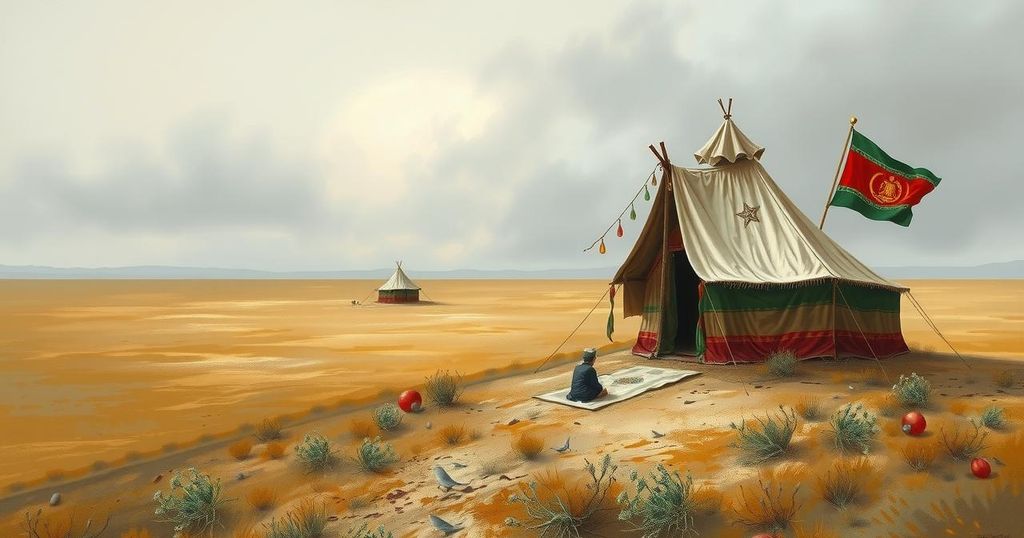 Symbolic representation of Afghan refugees with traditional tents under a cloudy sky, capturing the theme of uncertainty and hope.