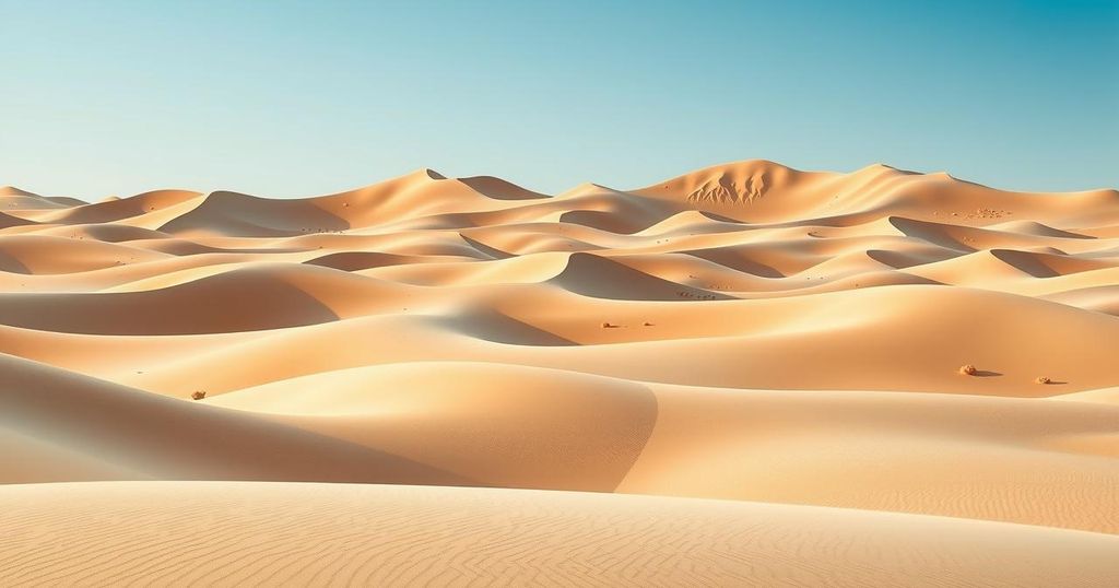 A serene desert landscape symbolizing unity and stability in Libya, with warm earth tones and a clear blue sky.