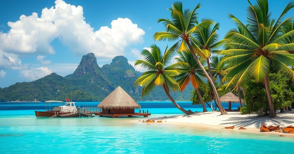 A tranquil beach scene in St. Lucia, featuring clear blue waters, palm trees, and soft sand under a bright sky.