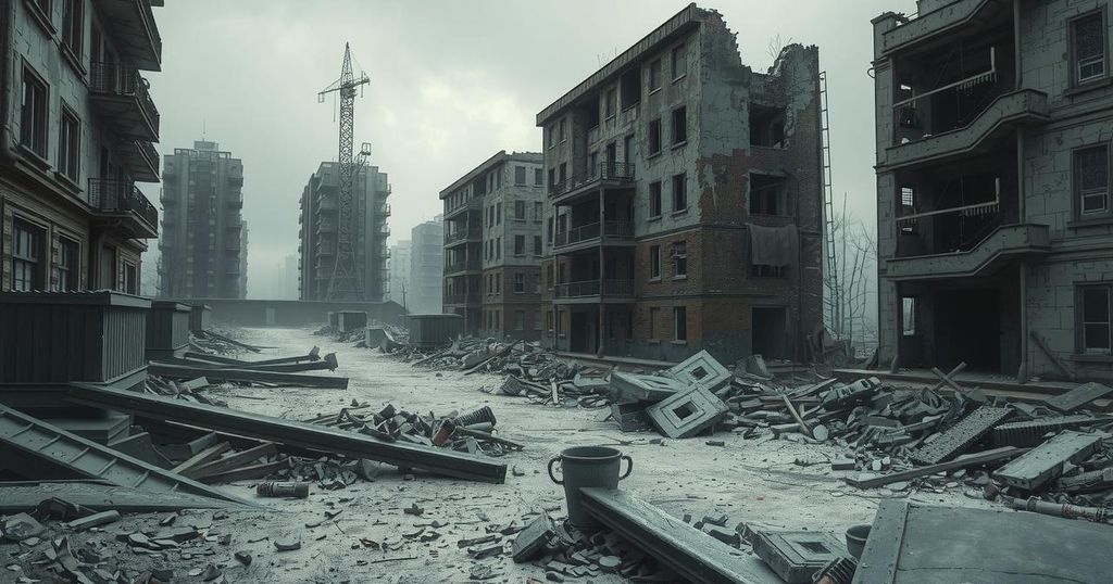 A desolate urban landscape in Gaza, showcasing crumbling buildings and debris, under a gray sky.