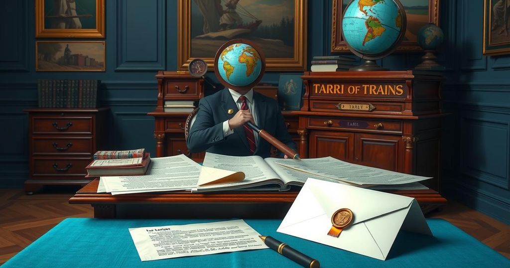 Tariff letters from government representing international trade and economic policies, in a formal setting.