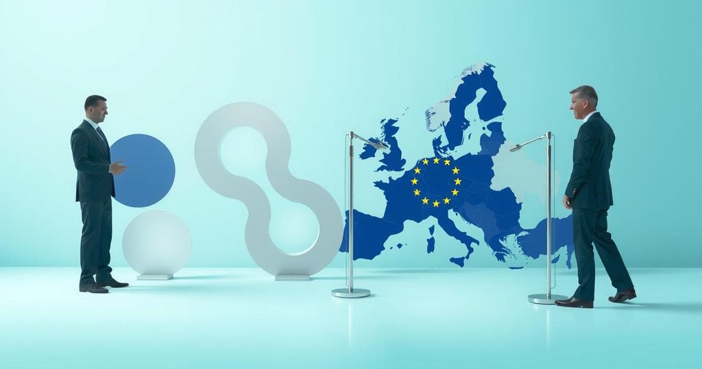 A conceptual representation of EU diplomacy with symbolic elements like flags and economic tools in a calm color palette.