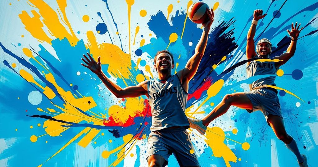 An abstract art piece with vibrant color splashes representing a dynamic sports victory.