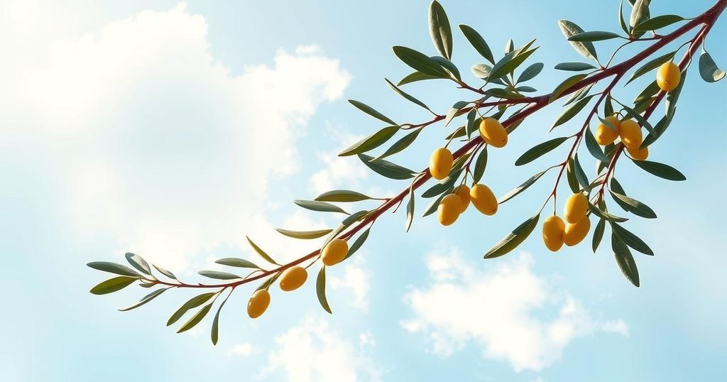 A peaceful landscape representing diplomatic talks, featuring olive branches and soft blue tones.